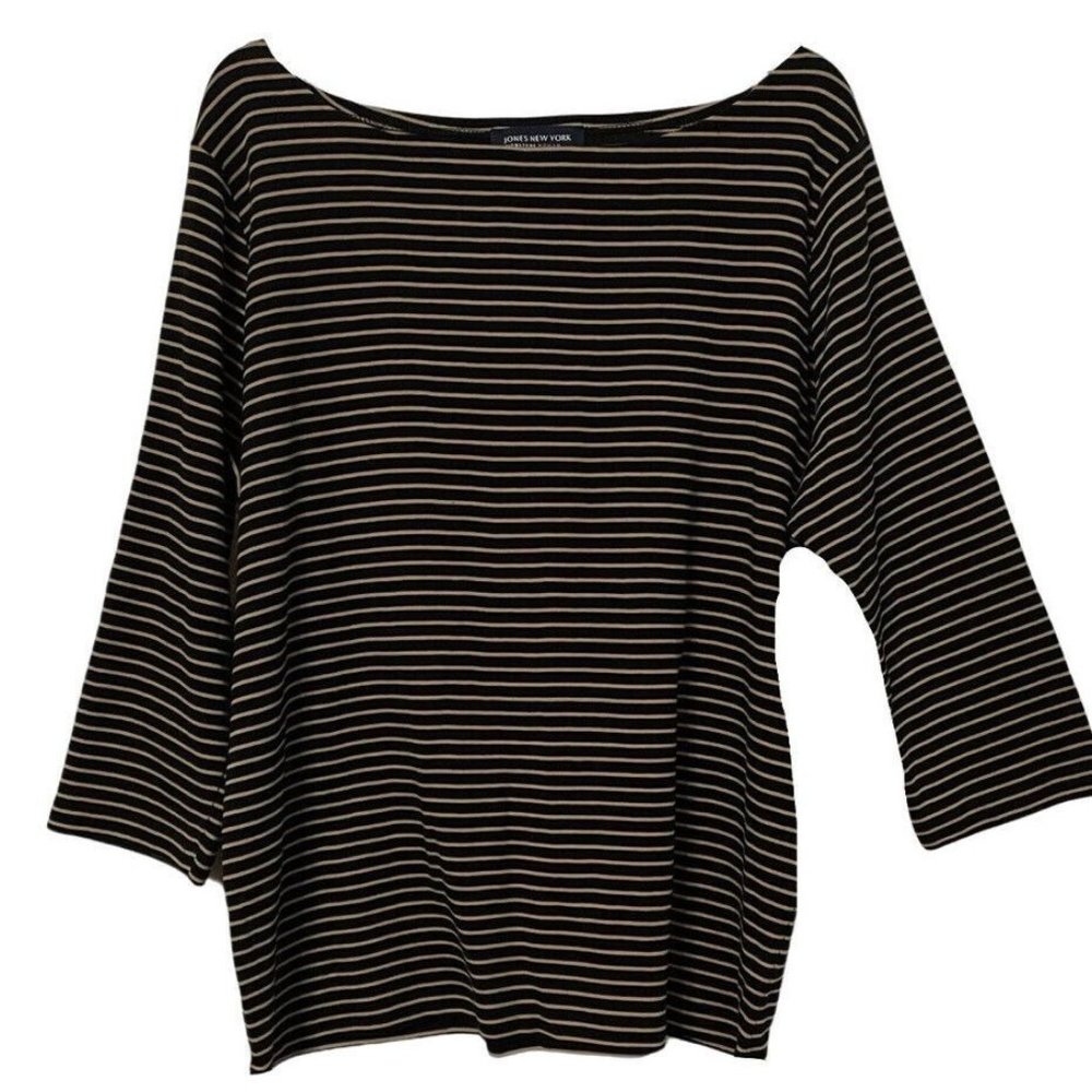 Jones New York Signature Knit Top Womens Plus Size 2X Black Cream Stripe Boat Ne